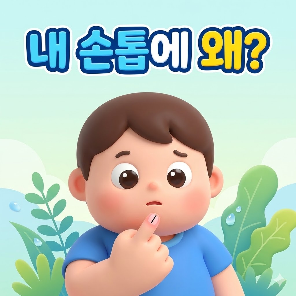 궁금한 표정의 귀여운 3D 카툰 캐릭터가 손톱에 난 검은 세로줄을 바라보고 있는 모습, 건강 상태를 암시하는 깨끗한 배경