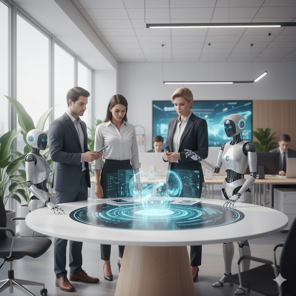 미래 지향적인 오피스에서 인간과 자율형 AI 에이전트가 긴밀하게 협업하며 업무를 수행하는 모습