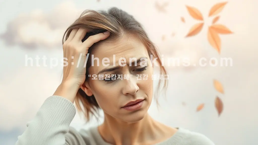 환절기 날씨 변화로 인해 건조하고 가려운 두피에 손을 얹은 여성의 모습.