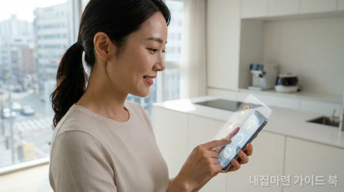 스마트폰 앱으로 집안 기기를 제어하며 만족스러운 표정을 짓는 한국 여성