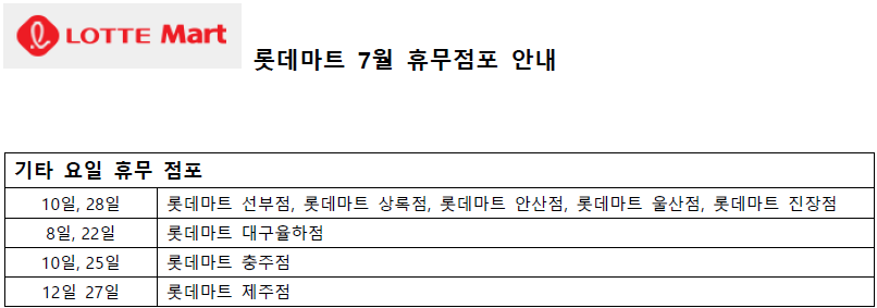 7월 롯데마트 휴무일 - 기타요일