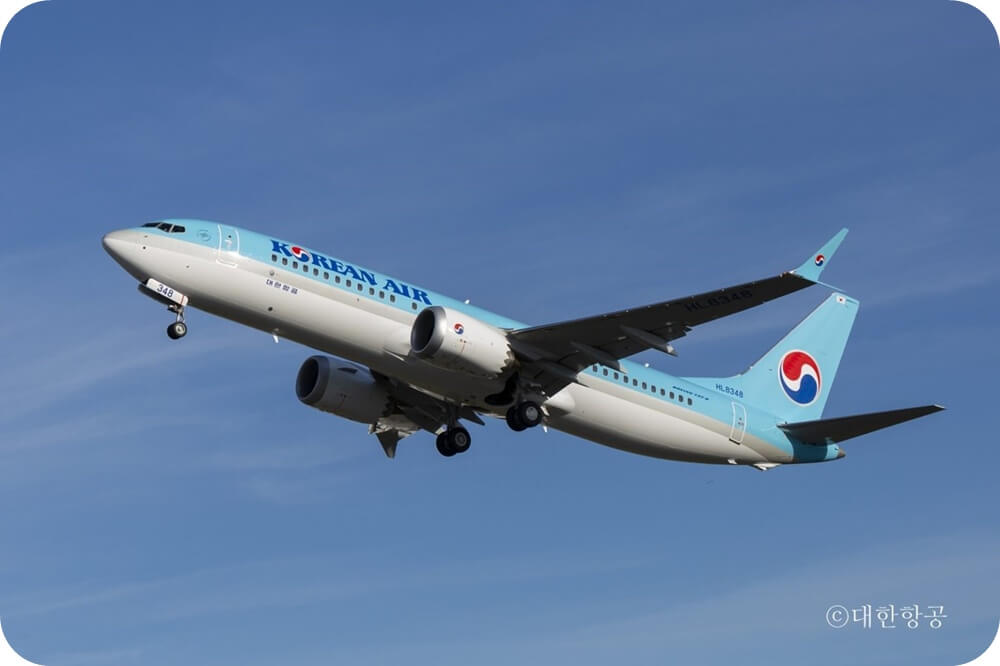 하늘을 비행 중인 대한항공 B737-8 여객기 모습