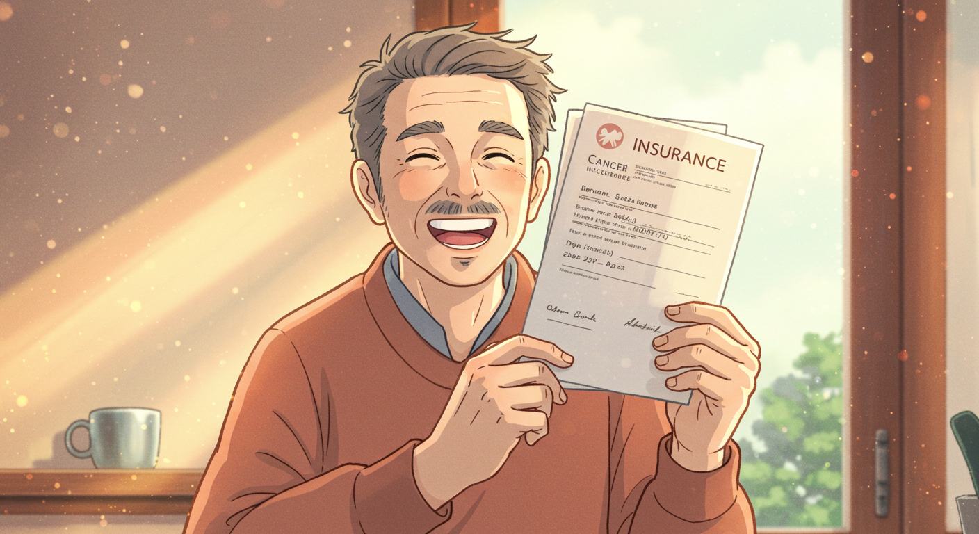 암보험 재가입 서류를 들고 환하게 웃는 사람