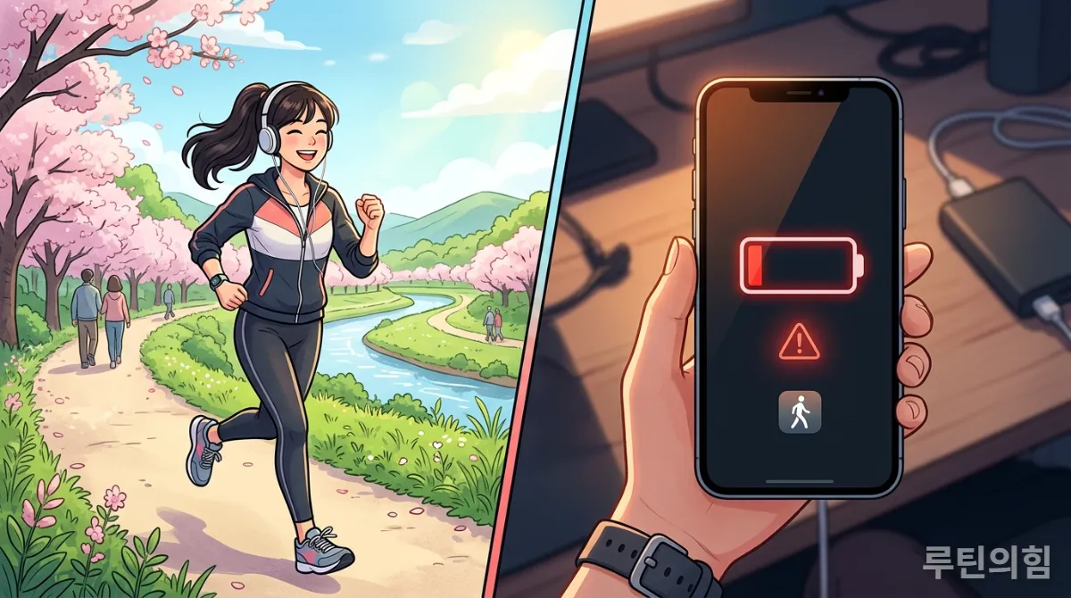 걷기 앱테크의 장점(건강)과 단점(배터리 소모)을 시각적으로 나타낸 이미지