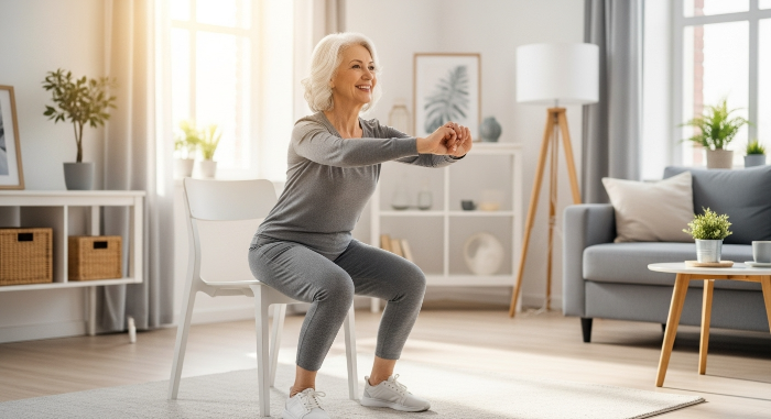 환하게 웃는 60대 여성이 거실에서 의자를 이용해 무릎에 부담 없이 스쿼트 운동을 하는 모습. 편안한 운동복을 입고 정확한 자세로 하체 근력을 강화하고 있다. 배경은 햇살이 드는 깔끔한 현대식 거실.