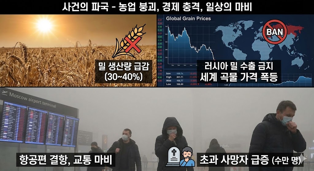 밀밭과 밀 수출이 금지된 그래프와 지도. 공항 전광판과 마스크를 쓰고 돌아다니는 사람들.
