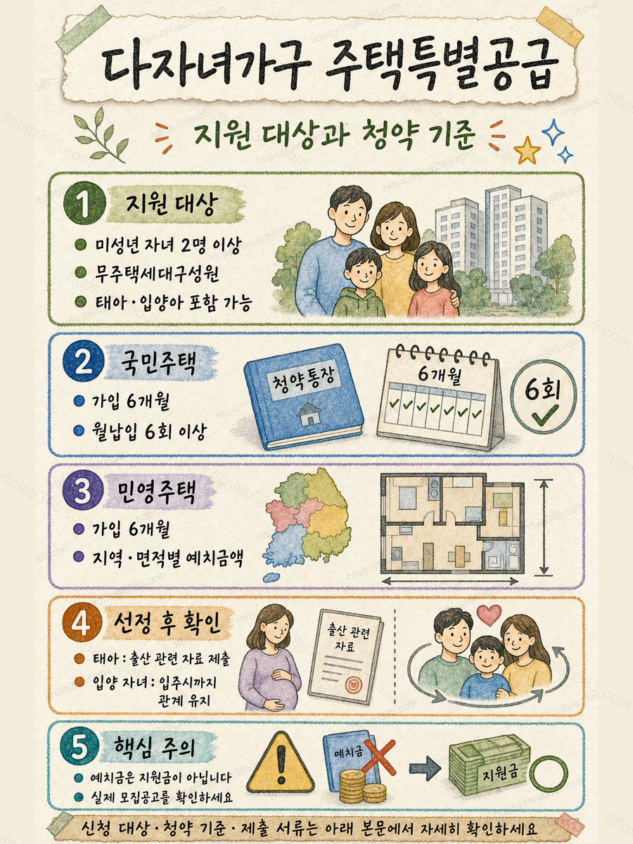 다자녀가구 주택특별공급 지원 대상과 혜택 공식 기준의 지원 대상과 신청 절차, 공식 문의처를 깨끗한 한지 질감의 손그림으로 정리한 인포그래픽