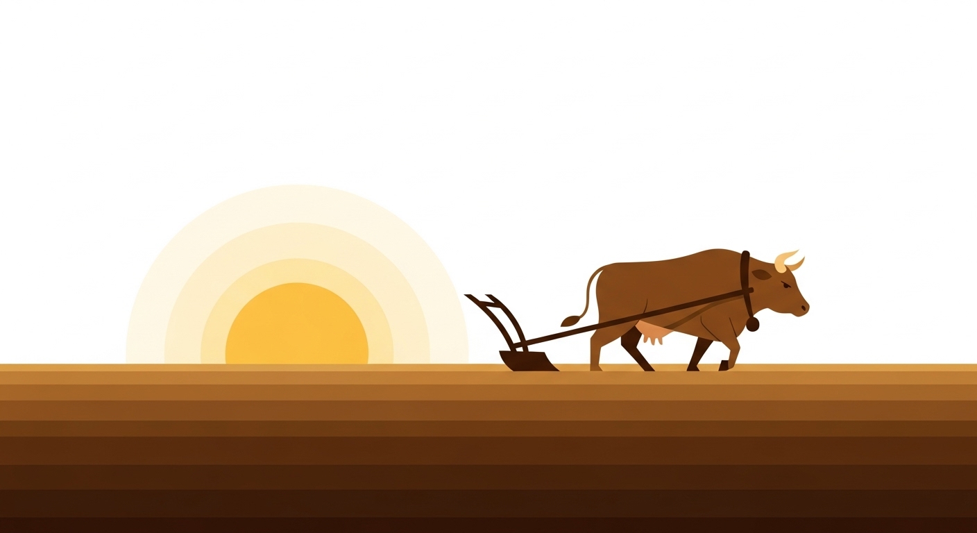 떠오르는 태양을 배경으로 넓은 밭을 묵묵히 갈며 끈기와 성실함을 보여주는 소 캐릭터 일러스트