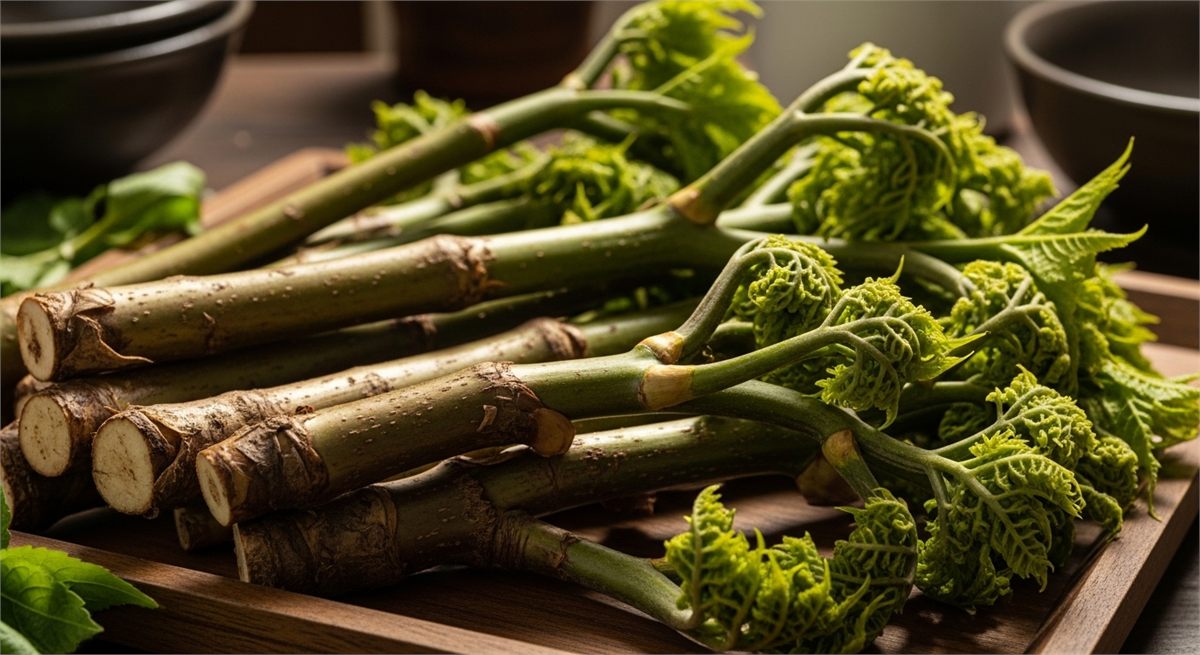 신선한 땅두릅 새순을 가까이에서 보여주는 장면