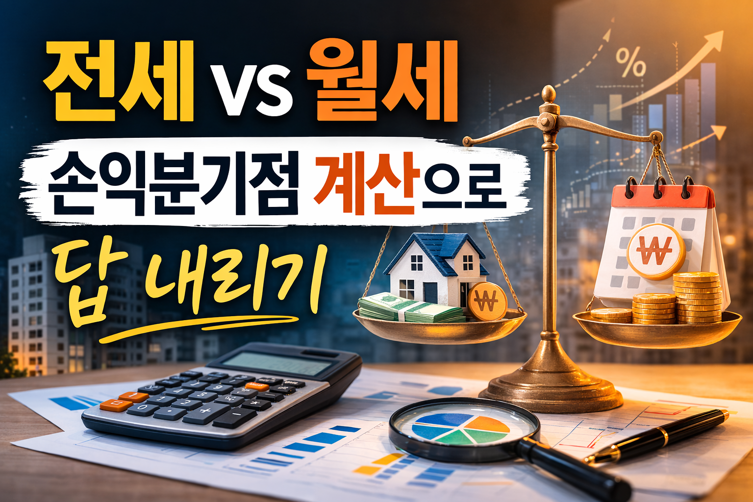전세 vs 월세 손익분기점 계산 개념 이미지, 보증금 이자 기회비용을 비교해 전세와 월세 비용 구조를 설명하는 그래픽