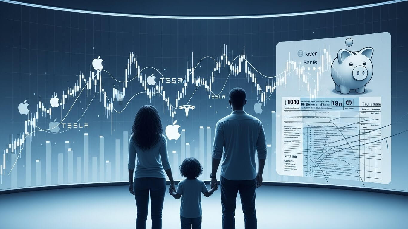 한가족이 손을 잡고 주식의 오르내림을 보고있다