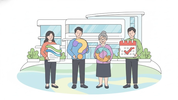 긴급복지 신청 시 필요한 서류 준비, 문의, 이웃 돕기, 정보 확인 등 중요한 유의사항을 나타내는 한국인들의 모습.