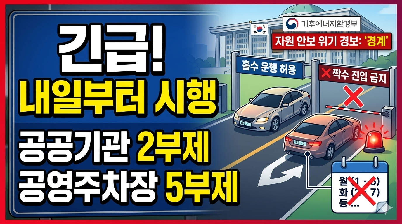 긴급! 내일부터 시행 공공기관 차량 2부제·공영주차장 5부제 요일별 번호 제한 및 주차장 진입 회차 경고 이미지