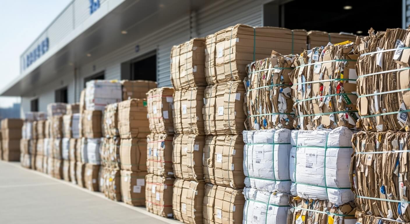 재활용 센터 외부에 정리된 골판지 묶음