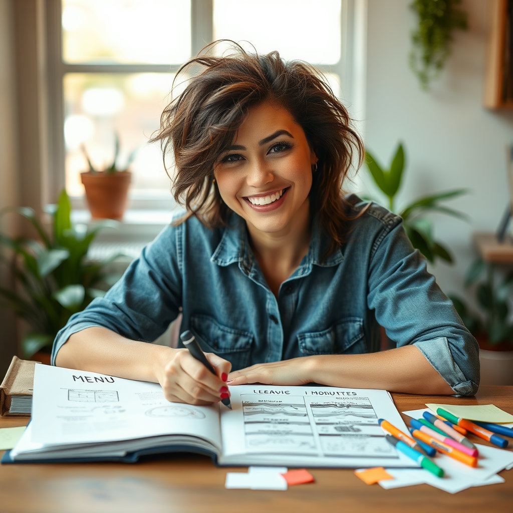 아이디어가 떠오른 듯 밝은 표정으로 스케치북이나 태블릿에 새로운 메뉴나 서비스를 구상하고 있는 소상공인의 모습입니다.