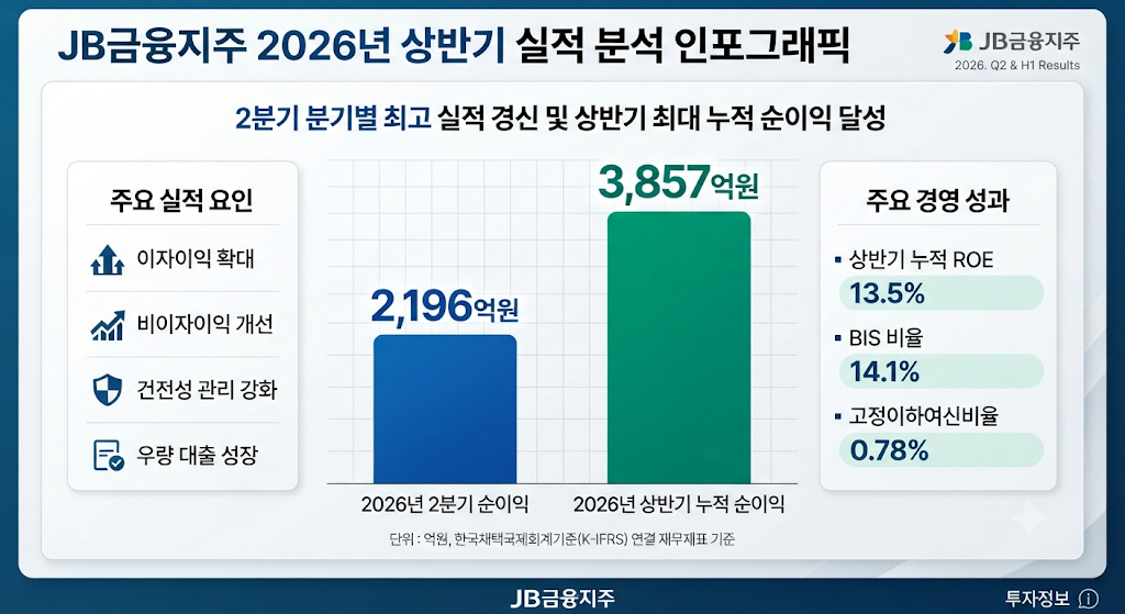JB금융지주의 2026년 2분기 순이익과 상반기 누적 순이익을 비교한 금융 실적 그래프