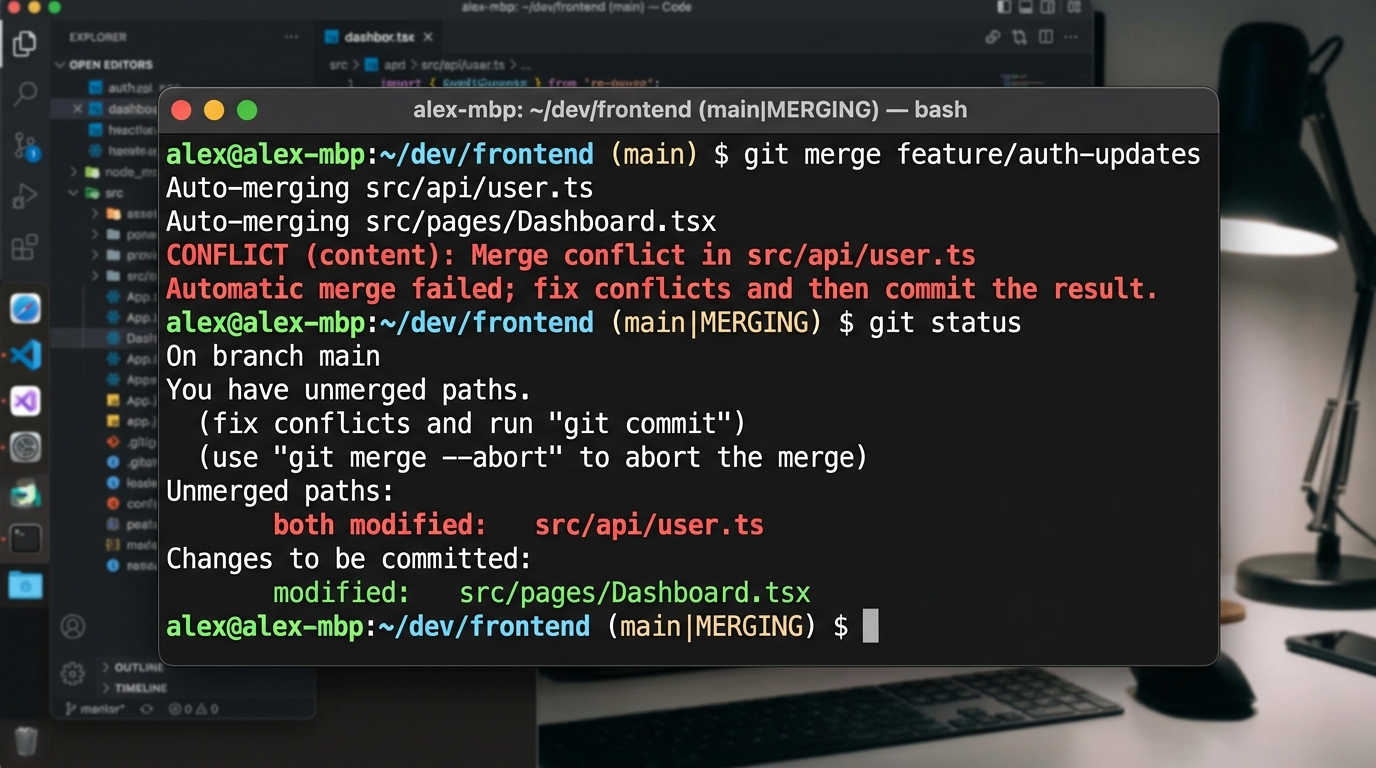 터미널 환경에서 git merge 명령어를 입력했을 때 나타나는 빨간색 텍스트의 Automatic merge failed 충돌 에러 메시지 화면