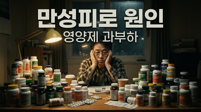 수많은 영양제 병들에 둘러싸여 고민하는 남성의 모습으로 표현한 만성 피로 원인과 영양제 과부하 컨셉 이미지