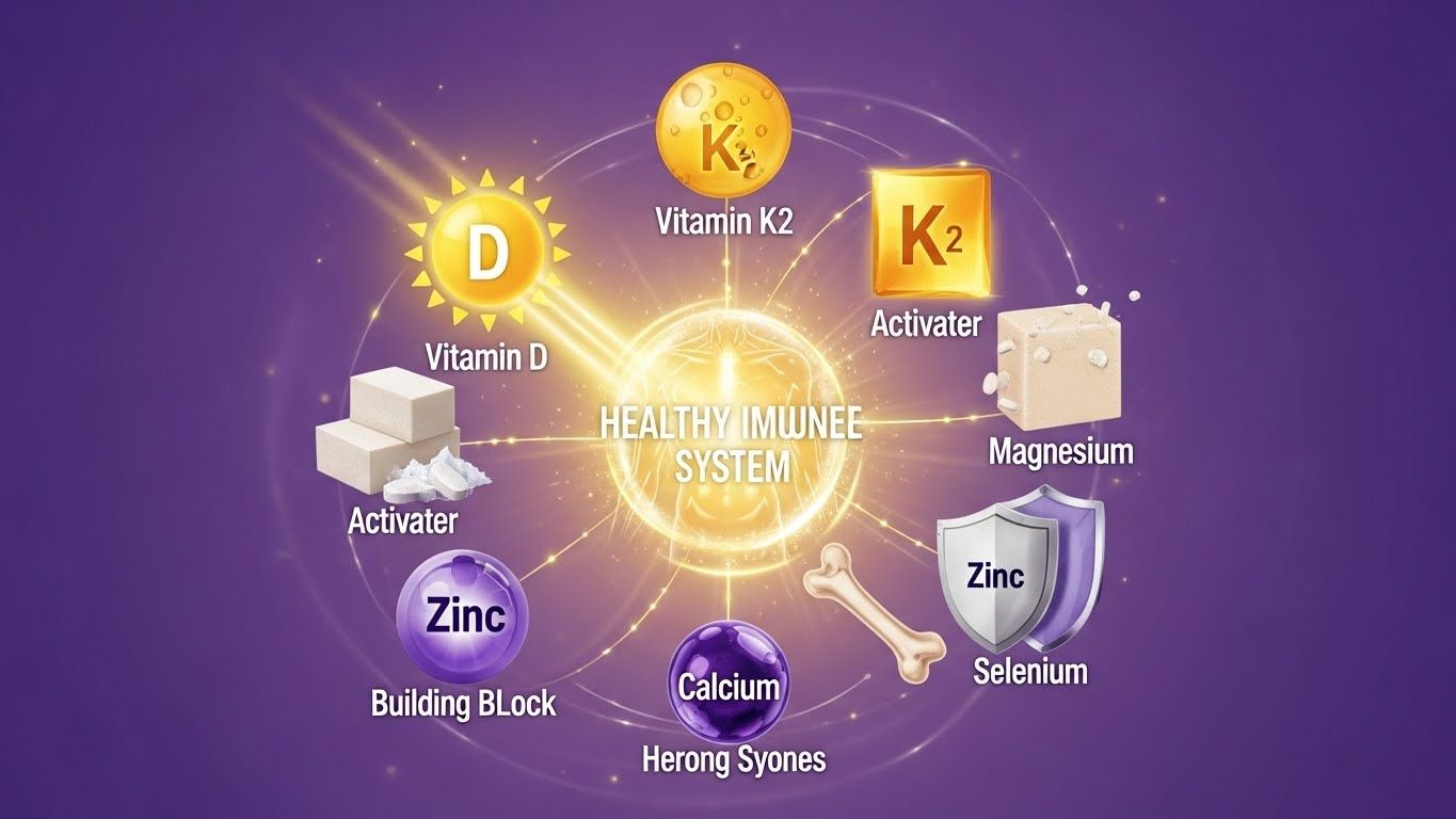 다양한 시너지 영양소(예: 햇빛 아래 비타민 D, 가이드로서의 비타민 K2, 활성제로서의 마그네슘, 구성 요소로서의 칼슘, 방패로서의 아연 및 셀레늄)를 시각적으로 매력적이고 생동감 있게 묘사한 이미지