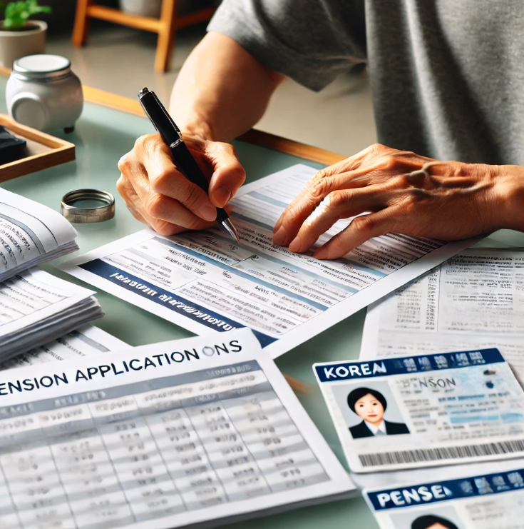 유족연금 청구를 위해 집에서 서류를 작성하고 있는 모습