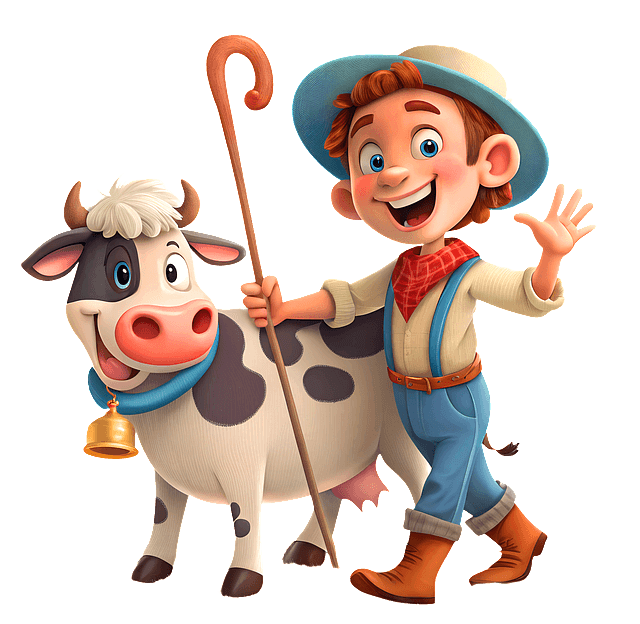 젖소와 함께 걸어가는 목장주가 웃고있다. 파란 모자를 쓰고 긴 지팡이를 들고 있다,