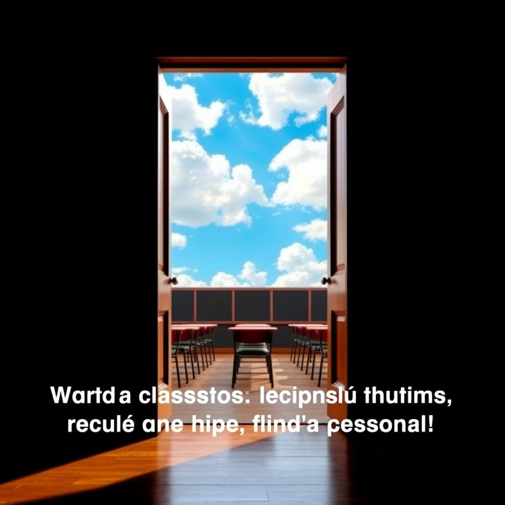 활짝 열린 교실 문 너머로 푸른 하늘과 밝은 미래가 펼쳐지는 모습을 담아주세요. 문 위에는 '2026학년도 대학수학능력시험 원서접수 시작'이라는 문구가 따뜻한 서체로 적혀 있으면 좋겠습니다.