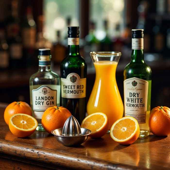 브롱크스 칵테일 재료 - 진, 스위트/드라이 베르무트와 신선한 오렌지 주스