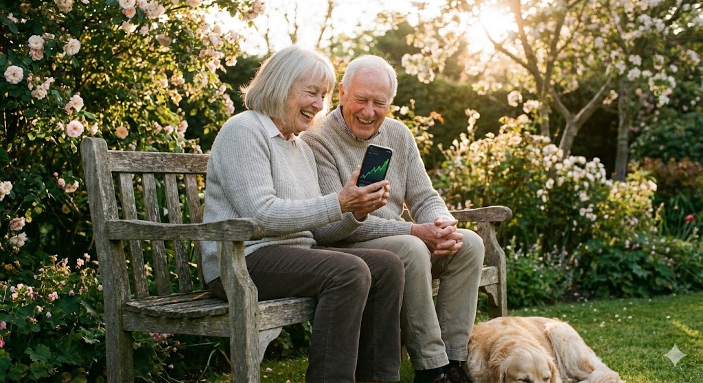 평화로운 은퇴 후를 즐기며 스마트폰으로 수익률을 확인하고 미소 짓는 노년 부부의 모습