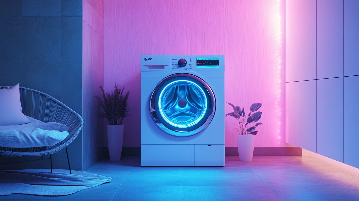 최신 기술이 적용된 대용량 세탁기가 현대적 인테리어와 조화를 이루는 세련된 세탁실