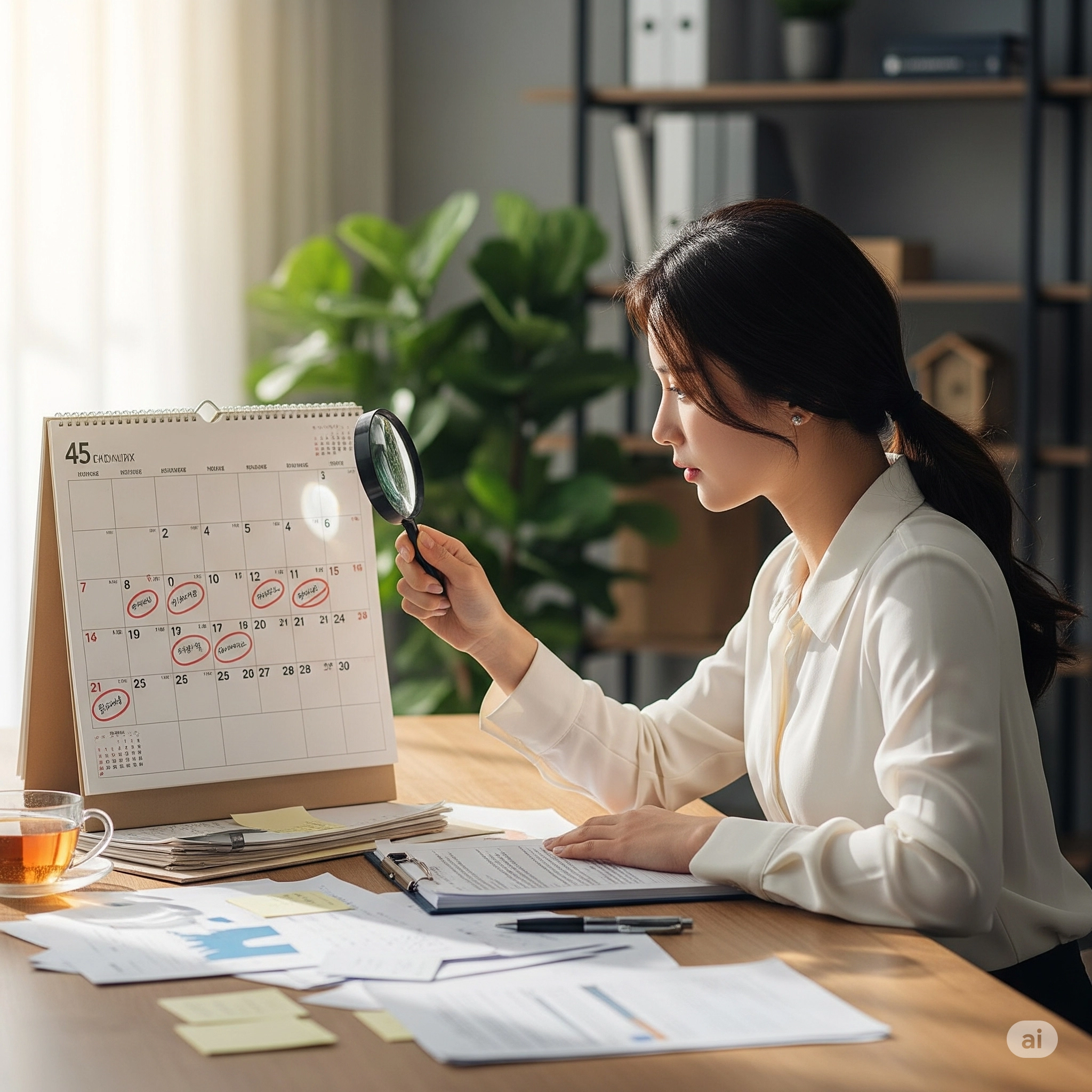 한 여성이 책상에 앉아 돋보기로 달력과 서류들을 자세히 들여다보며 여성건강지원금 지원 자격 요건을 확인하고 있다.