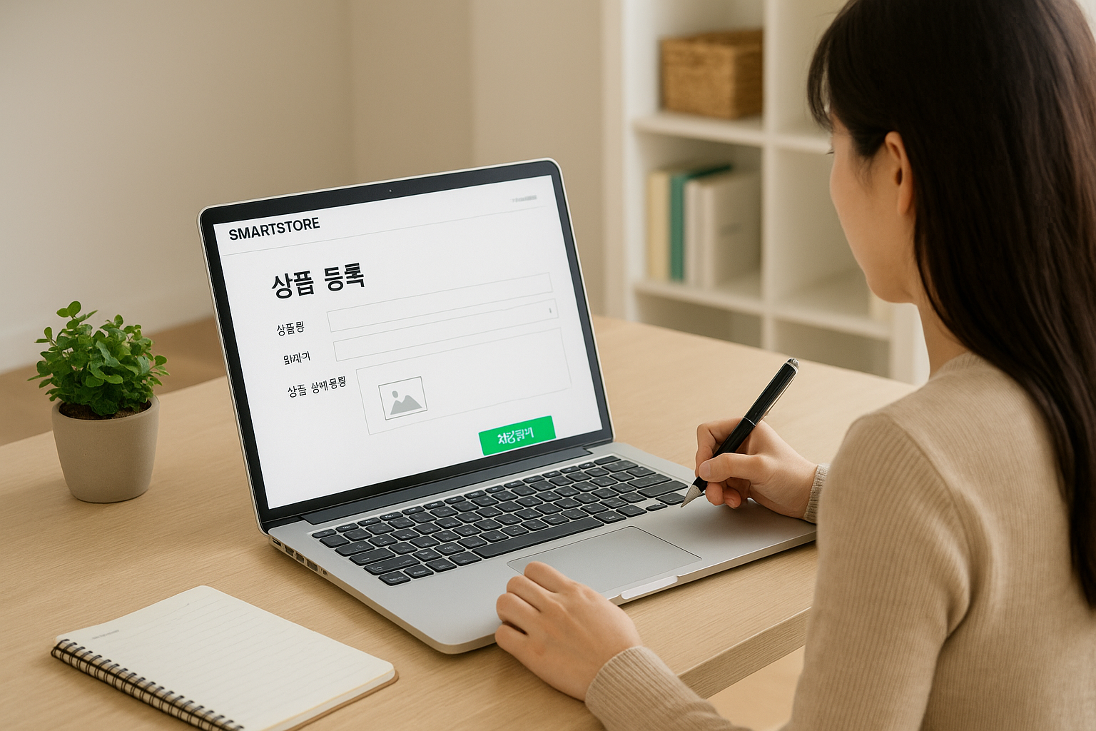 노트북으로 스마트스토어 상품 등록 작업을 하는 모습