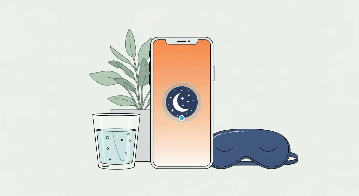 블루라이트 필터가 적용된 스마트폰 화면과 물, 식물, 수면 안대 등 눈 건강을 위한 생활 습관을 나타내는 이미지.