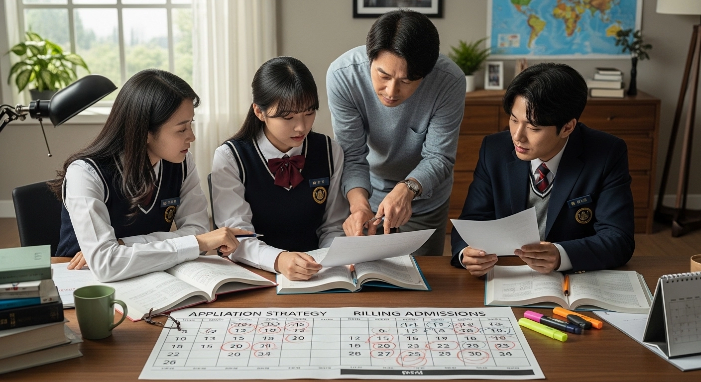 입시 전략 자료를 확인하고 있는 부모와 학생 이미지