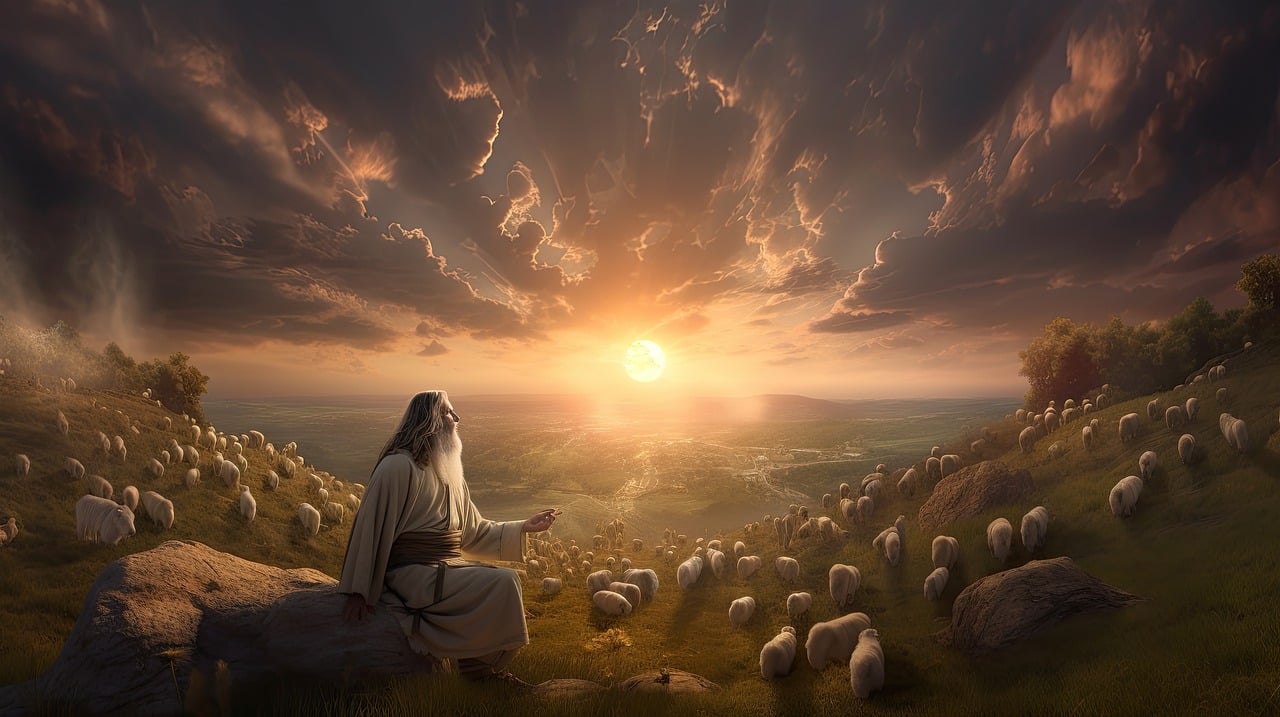 예수님이 석양이지는 산중턱에 앉아 계신 모습