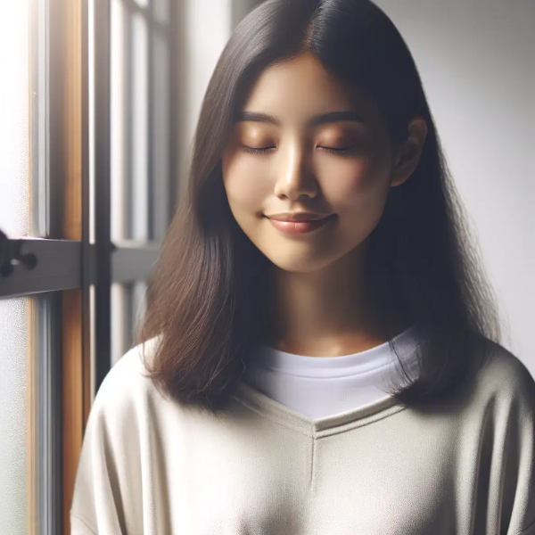 창가에서 눈을 감고 미소 짓는 회복 중인 동양인 여성의 평화로운 장면
