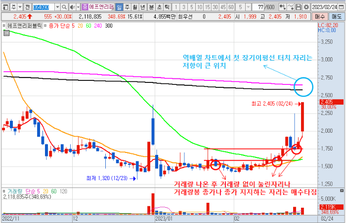 2월 24일 에프앤리퍼블릭 일봉 차트