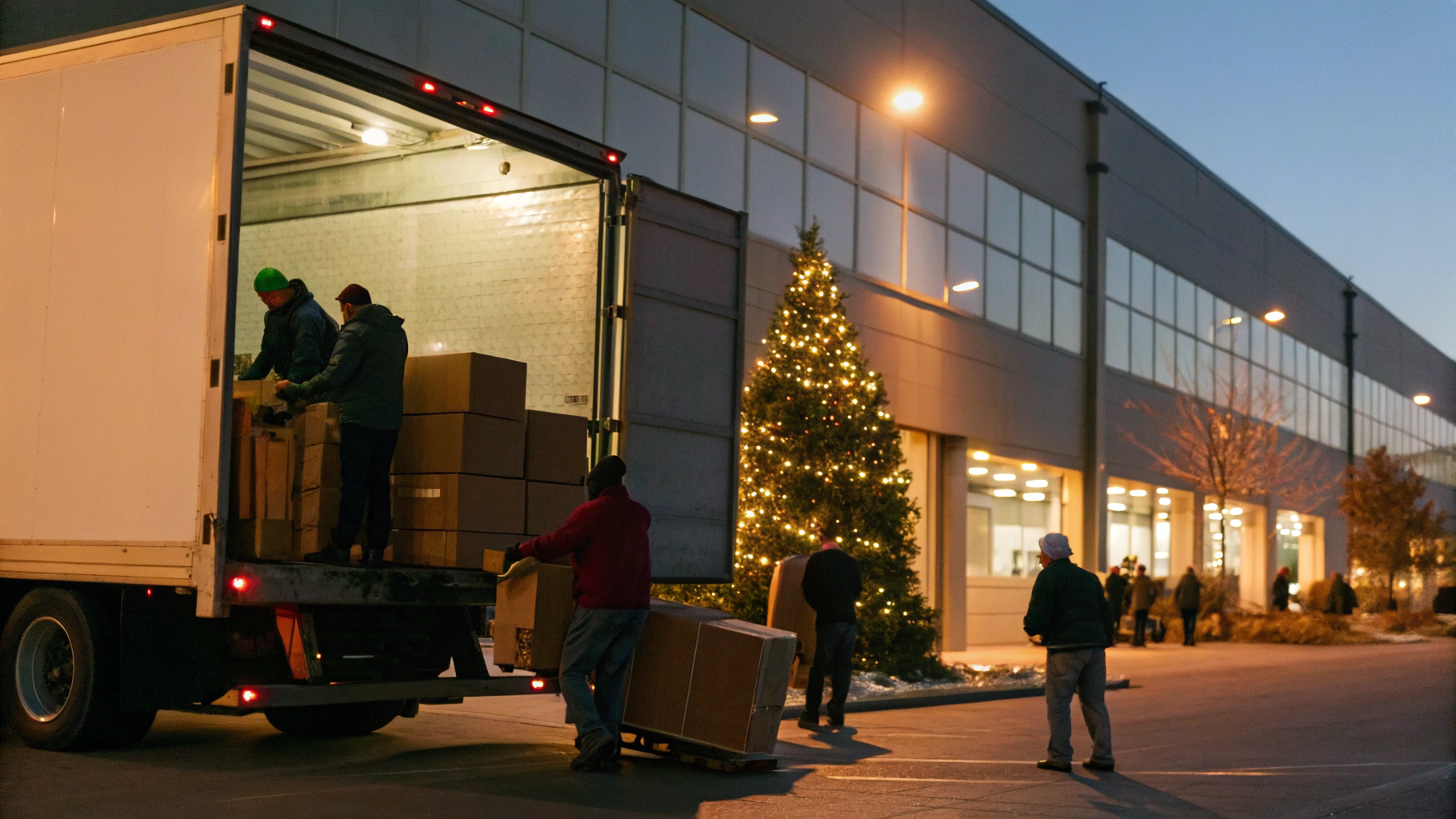 크리스마스 트리 장식이 있는 물류 창고 앞에서 작업자들이 박스를 트럭에 싣거나 내리고 있는 저녁 풍경. 건물 외벽에는 불이 켜져 있고, 사람들은 따뜻한 옷차림으로 분주하게 움직이고 있음.