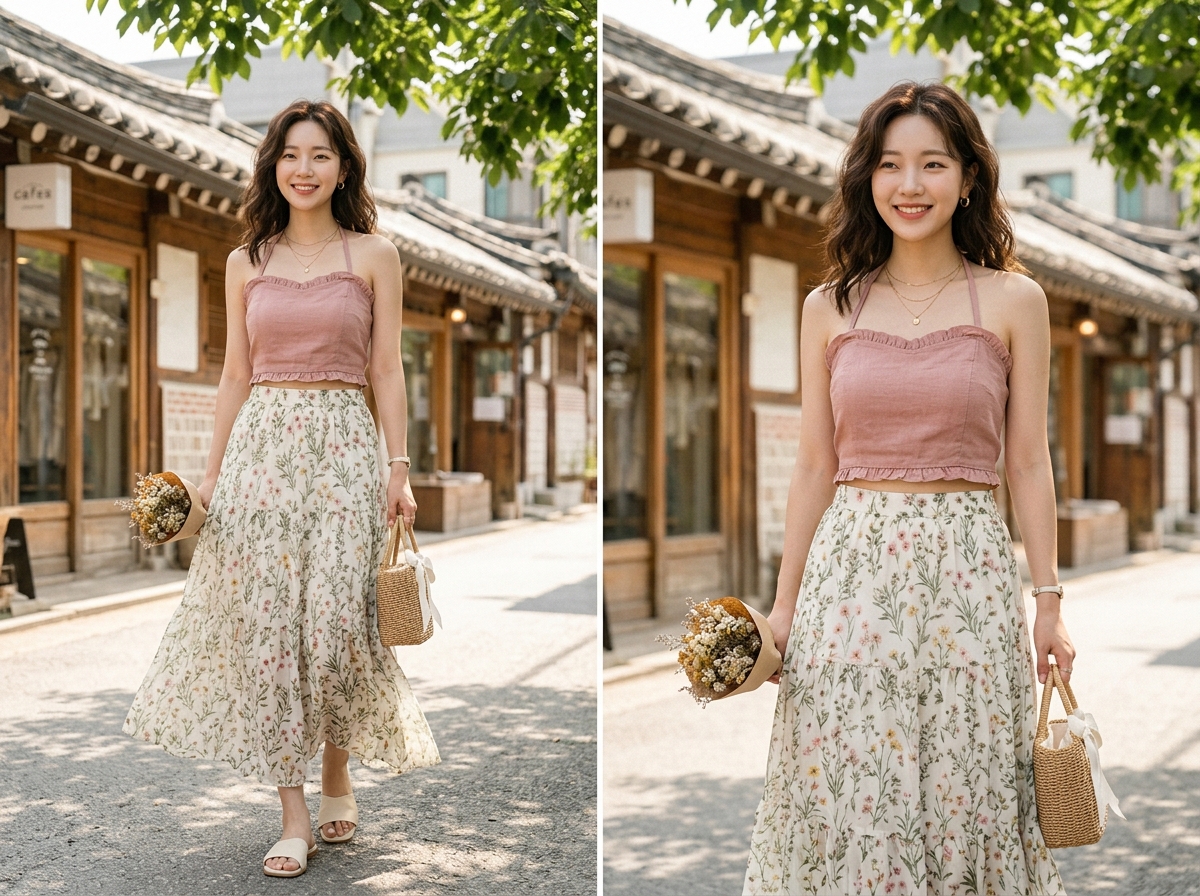 홀터넥 크롭탑과 맥시 플로럴 스커트 로맨틱 코디