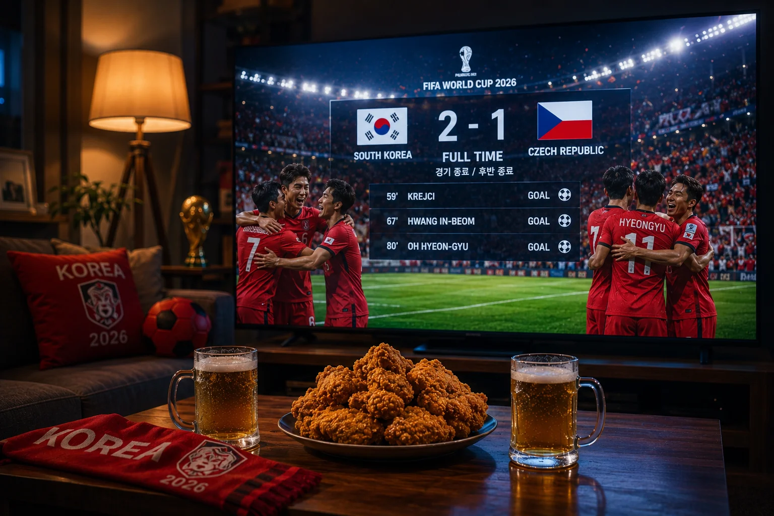 한여름 밤 거실에서 치맥 먹으며 축구 시청 대표 이미지 가이드,[챗GPT 무료] 생성 이미지