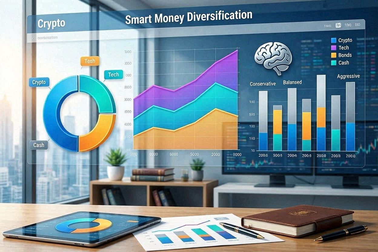 A conceptual portfolio dashboard showing capital allocation across deep tech equities, AI infrastructure, and digital assets.
