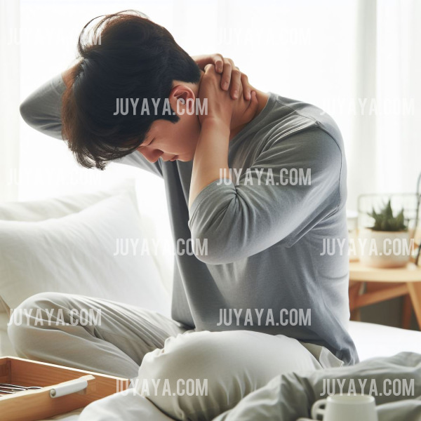 아침 침대에 앉아 피곤한 듯 목을 마사지하는 남성의 모습.