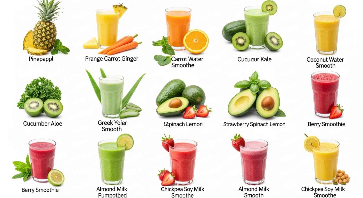 파인애플 레몬 민트 스무디,오렌지 당근 생강 스무디,키위 케일 코코넛워터 스무디,오이 알로에 베라 스무디,딸기 바질 그릭 요거트 스무디,아보카도 시금치 레몬 스무디, 베리 스무디,아몬드 우유 호박씨 스무디,병아리콩 두유 스무디