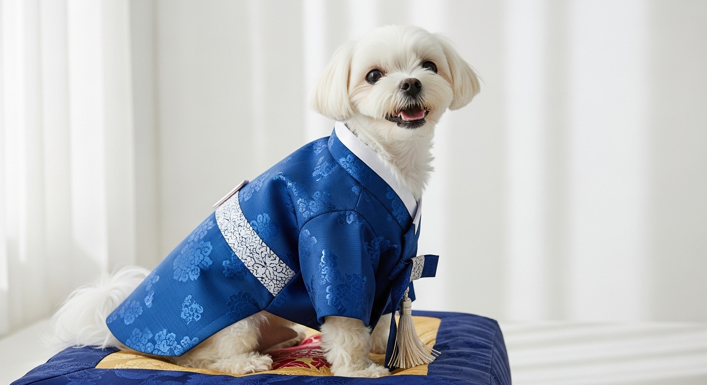클래식 블루 색상의 현대적인 반려동물 한복을 입고 전통 문양의 방석 위에 앉아있는 귀여운 말티즈 강아지