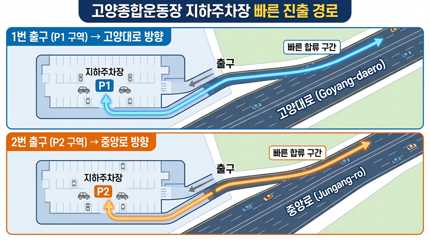 고양 아레나 지하 주차장에서 외부 대로변으로 빠르게 합류할 수 있는 출구별 이동 동선 안내도