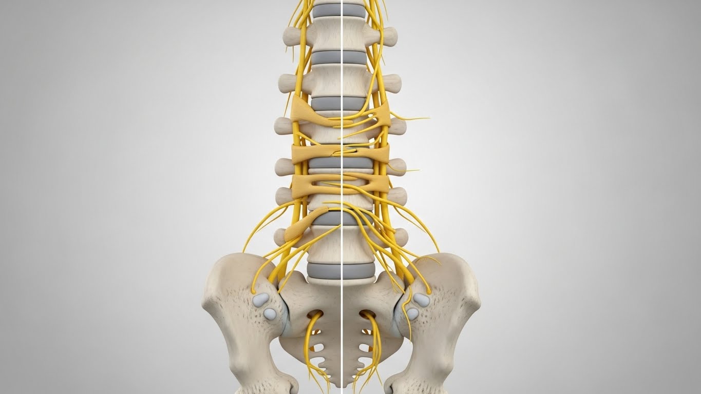 정상 척추와 척추관 협착증이 발생하여 신경 통로가 좁아진 척추의 구조적 차이를 비교한 3D 의료 이미지