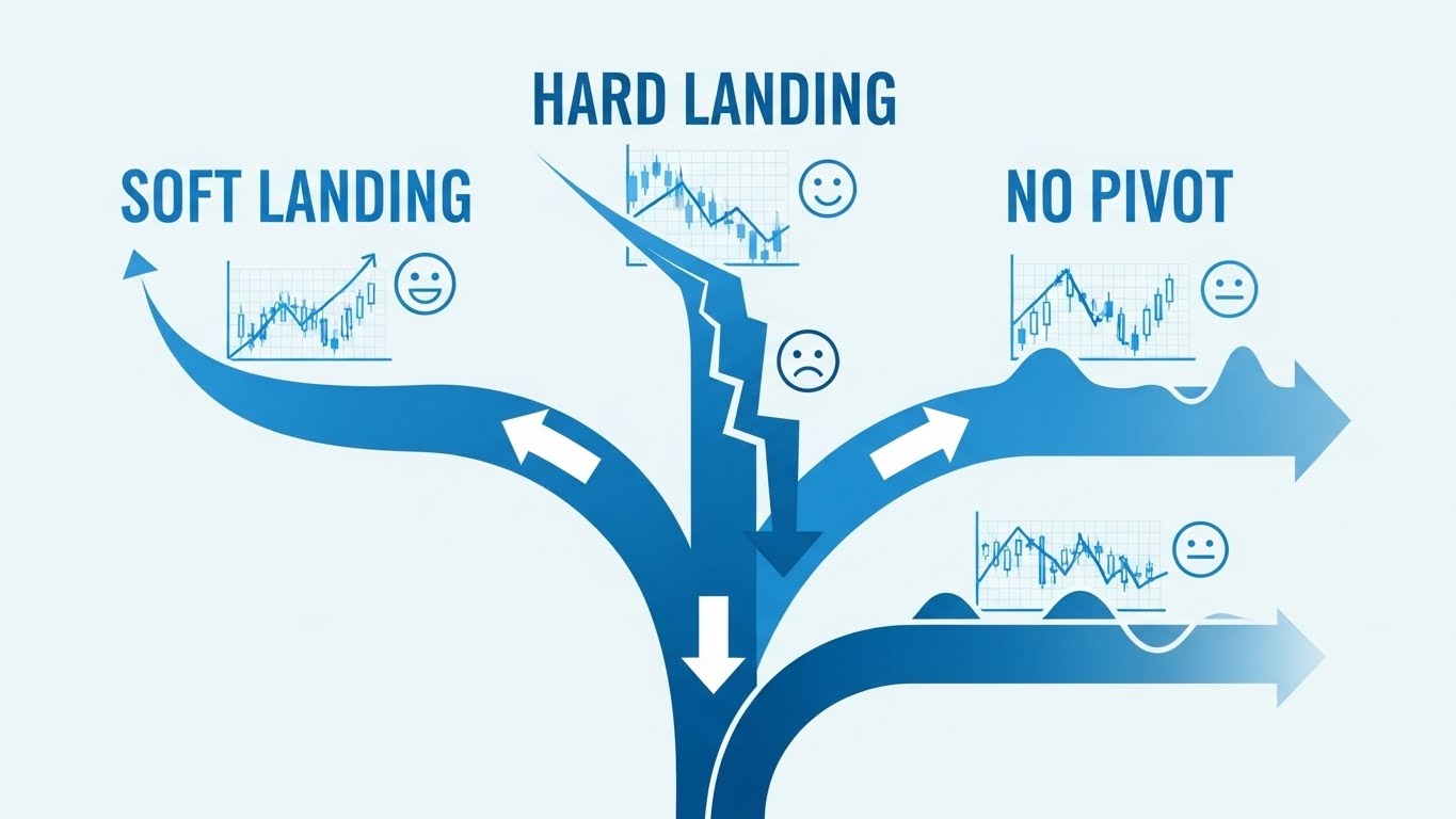 2026년 경제 전망의 연착륙, 경착륙, 금리 유지 시나리오를 보여주는 그래프.
