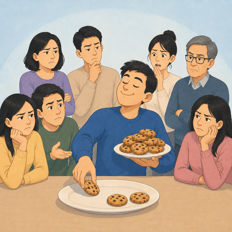 주변의 시선을 신경 쓰지 않고 쿠키를 독차지하는 남성과 이를 못마땅하게 바라보는 사람들