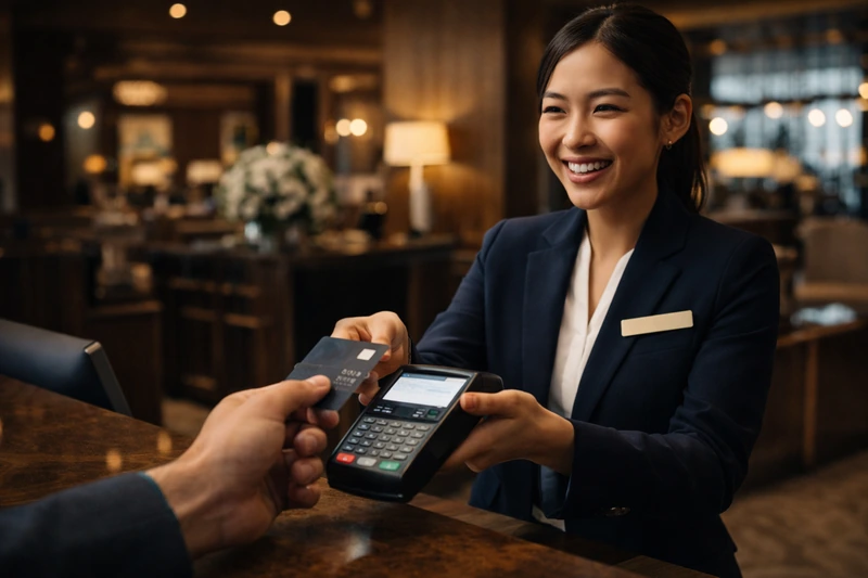고급 호텔 로비 프런트에서 미소 짓는 직원이 카드 단말기를 들고 있고, 고객이 신용카드를 건네는 따뜻한 분위기의 체크인 장면