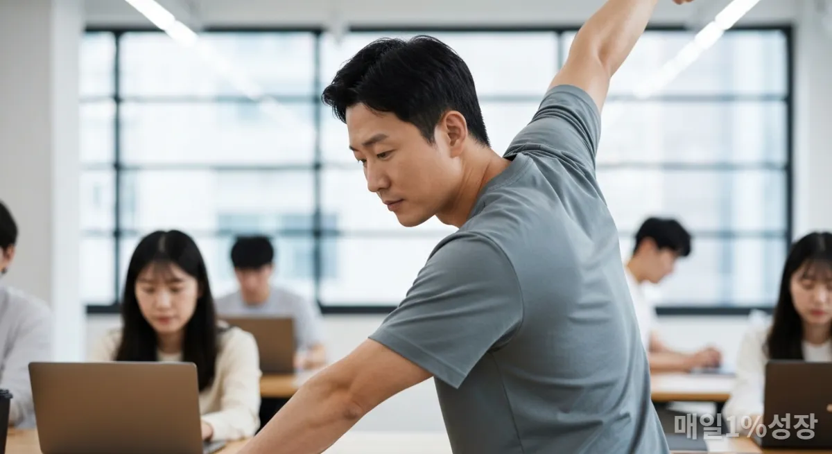 코워킹 스페이스에서 스트레칭하는 한국인 남성 디지털 노마드