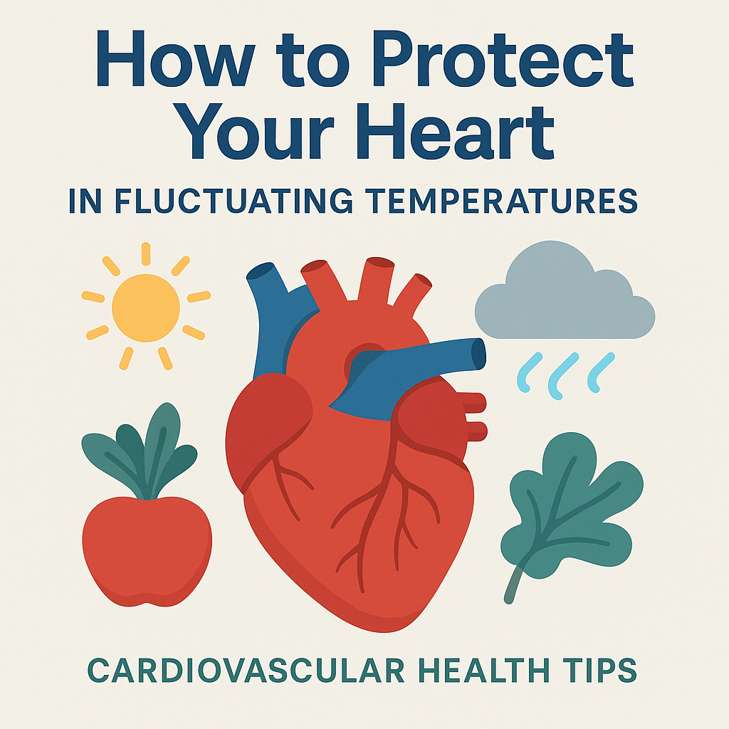 Thumbnail illustration of a healthy heart with weather icons like sun, clouds, and cold air, symbolizing cardiovascular health tips for protecting your heart in fluctuating temperatures, VitalValue health blog